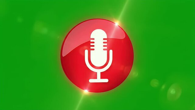 A glossy red circle with a white microphone icon on a vibrant green background