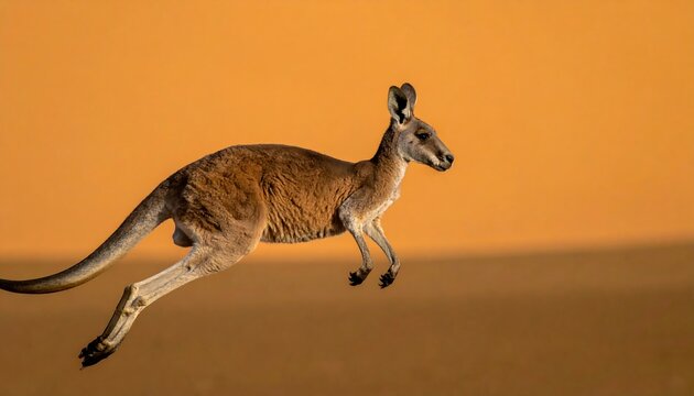 Kangaroo jumping in Australian desert with orange sunset background