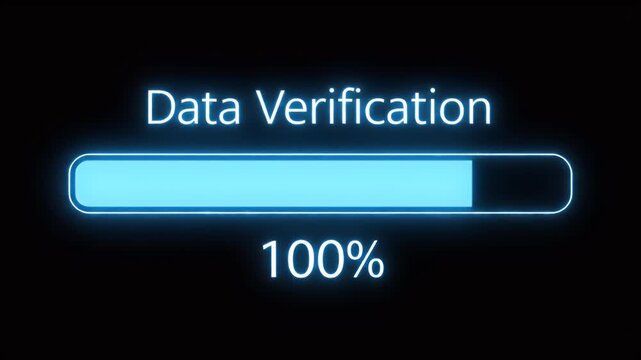 A neon blue progress bar indicates 100% data verification on a black background
