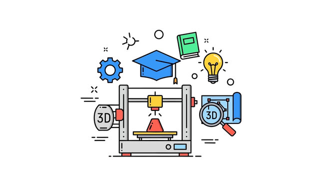 3D Printer with Icons and Symbols.