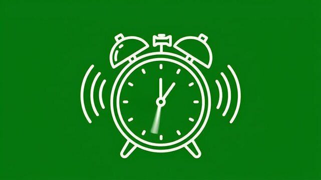 A ringing alarm clock icon with sound waves radiating outwards on a green background