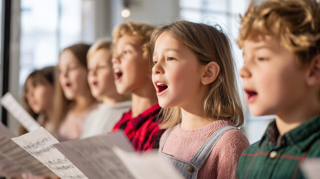 Group of diverse children choir rehearsing in a classroom, singing together with teacher guidance, joyful learning environment focused on music and teamwork.