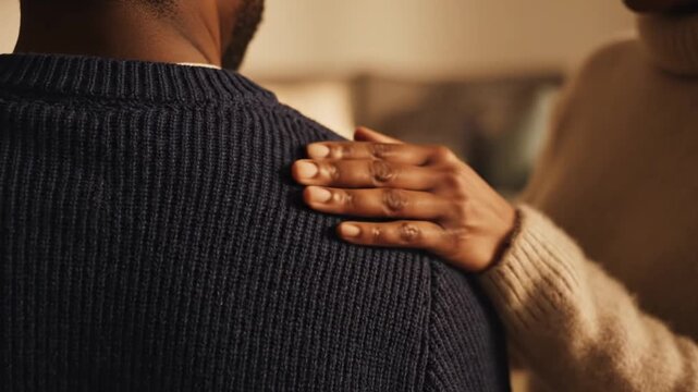 Comforting hand on shoulder of man