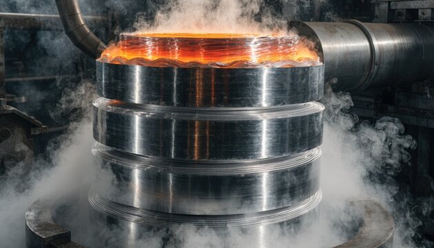 Medium shot showing thin foil coils stacked neatly undergoing thermal softening to enhance ductility with careful temperature regulation and protective measures.