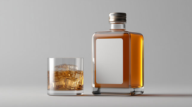 Whiskey bottle with blank label and glass with ice. Alcohol drink concept with packaging mockup, amber liquid, and elegant minimal presentation.