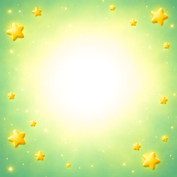 Magical glowing green background with floating 3d golden stars and sparkles