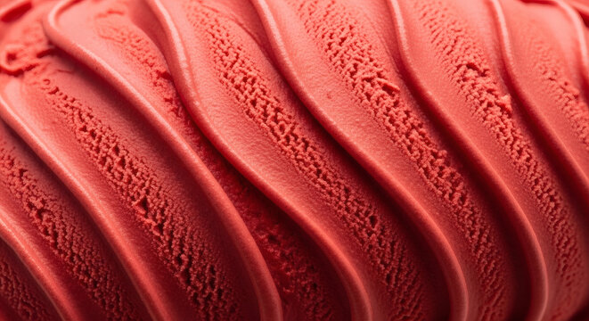 Macro close up shot of delicious red strawberry ice cream texture.