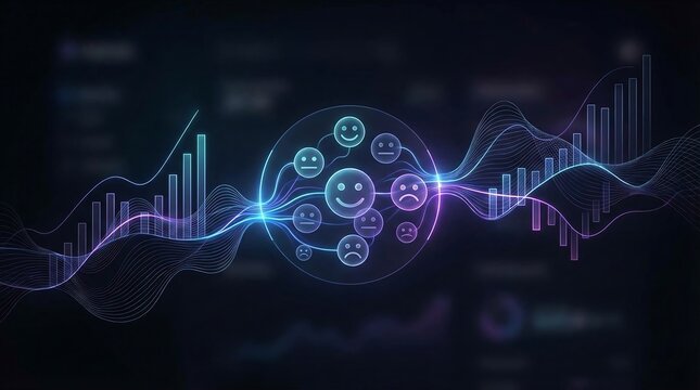 Futuristic customer sentiment analysis dashboard, glowing digital data visualization of user feedback, abstract business analytics interface with emoji icons