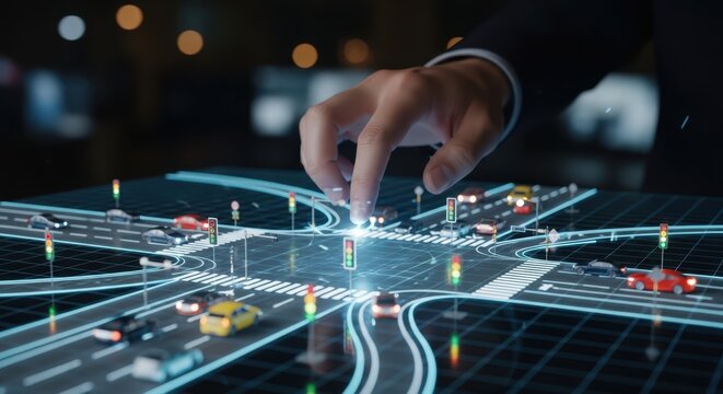 Close up of a hand navigating a virtual traffic control system with moving cars and traffic lights