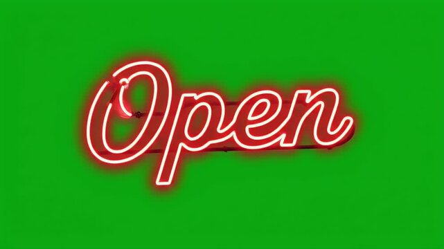 Bright red neon "Open" sign glows against a vibrant green background