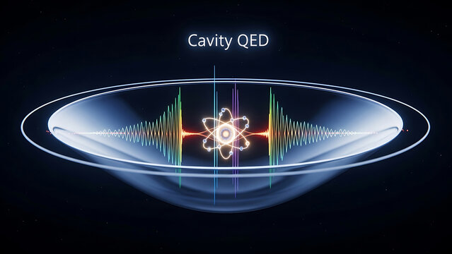 Cavity Quantum Electrodynamics concept with glowing atom and wave patterns in a futuristic dish like structure on dark background  science technology