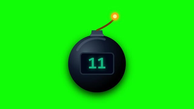 Cartoon Bomb Countdown Animation with Burning Fuse on Green Screen - Ticking Time Bomb with Digital Timer Display
