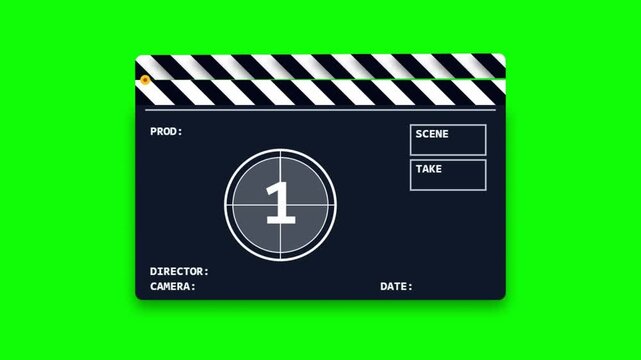 Film Slate Clapperboard Countdown Animation from 5 to 1 with Action Text on Green Screen Chroma Key Background