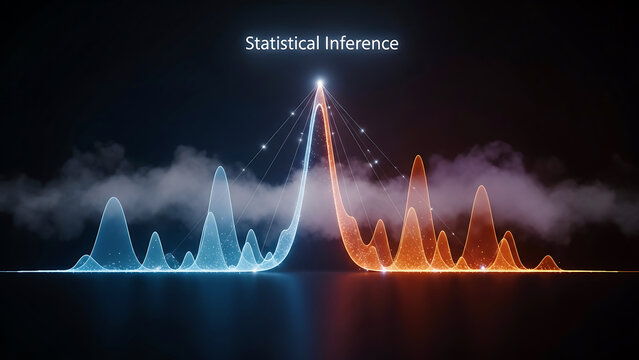 Statistical inference graph with blue and orange waves and lines on dark background with clouds  data analysis visualization