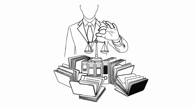 Lawyer holding scales of justice over files and folders