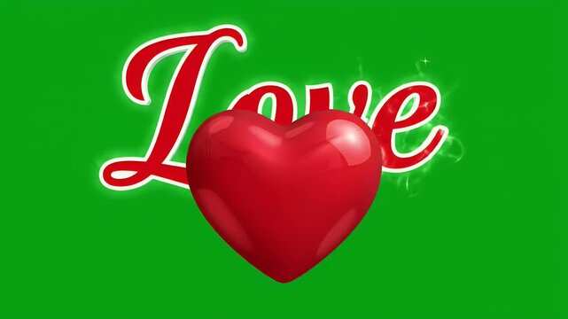 A glossy red heart floats before the word "Love" with a green background