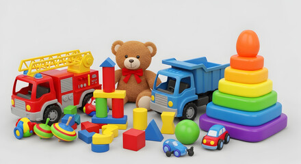 Obraz premium A collection of colorful children's toys including a teddy bear and various blocks and vehicles on transparent background
