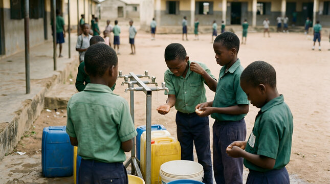 African Schoolchildren Washing Hands at Outdoor Sink