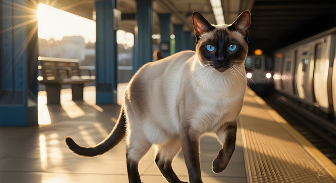 Siamese cat poses in front of a train station platform sunlit photo
