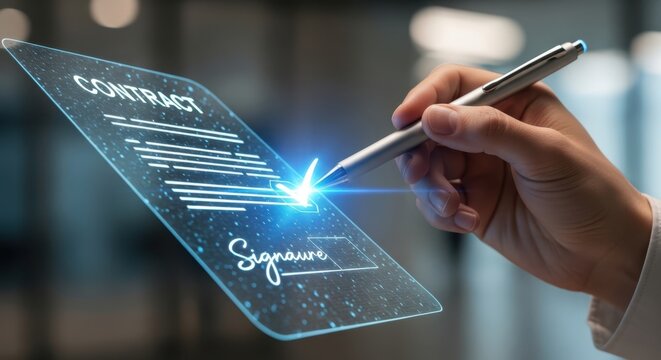 Close up of a hand placing a digital signature on a holographic contract with a glowing pen stylus