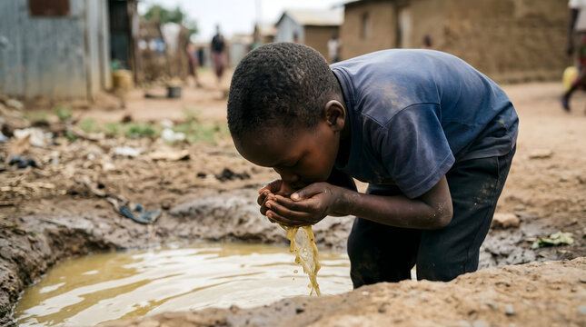 Child Drinking Dirty Water in Slum - Poverty & Thirst