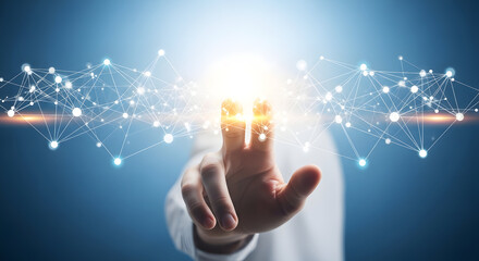 Naklejka premium A hand reaching out to connect with a network of glowing lines and nodes on transparent background