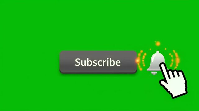 A cursor hand points to a grey "Subscribe" button with a bell icon on a green screen