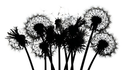 Obraz premium Black silhouette of dandelion seed heads against white background with seed head