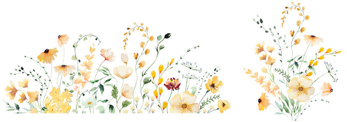 Obraz premium Floral border and bouquet clipart with yellow watercolor flowers, hand drawn wedding illustration