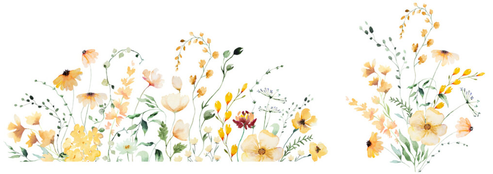 Floral border and bouquet clipart with yellow watercolor flowers, hand drawn wedding illustration