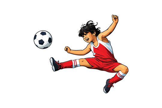 Child kicking soccer ball in mid-air vector illustration
