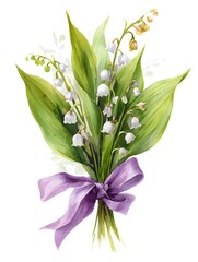 Fototapeta premium Elegant Watercolor Lily of the Valley Bouquet Tied with Purple Silk Ribbon, Spring Floral Design Element Isolated on White Background
