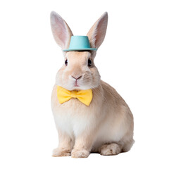 Fototapeta premium Easter rabbit wearing hat and bow tie seated on transparent background PNG
