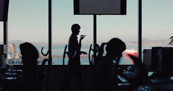 Silhouette, phone call and recording with business man in office for reminder, communication or speaker. Contact, negotiation feedback and loudspeaker with person pacing for advisor and conversation