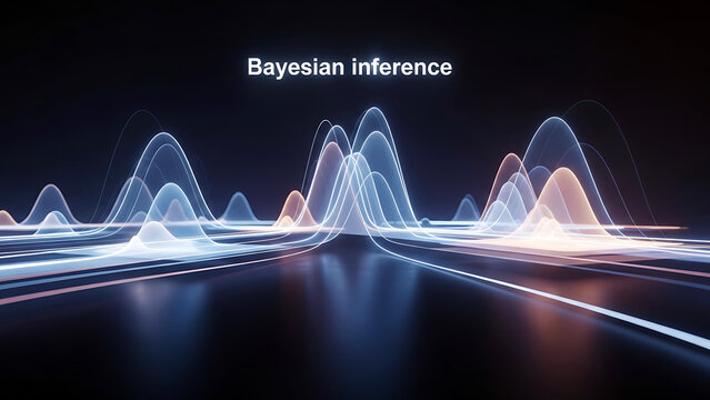 Bayesian inference abstract visualization with glowing curves and lines on dark background representing data analysis and statistical modeling  futuristic and technological concept