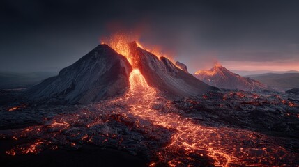 Naklejka premium A breathtaking volcano erupting lava, with molten lava flowing from its peak into the air, surrounded by rocky terrain and illuminated by the setting sun. The sky is painted in a gradient of colors.