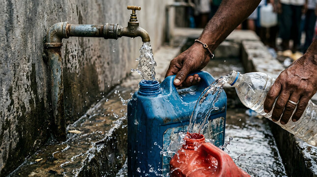 Filling Water Containers from Public Tap - Water Scarcity