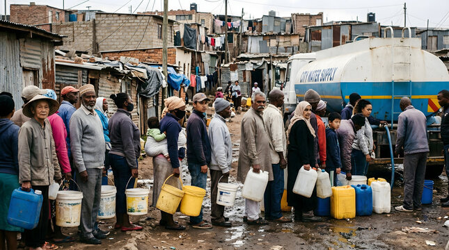 People Queuing for Water in a Slum - Water Scarcity