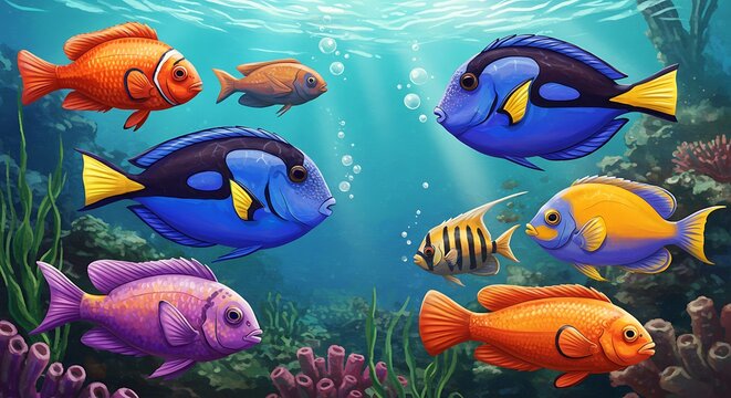Vibrant underwater scene teeming with a variety of colorful tropical fish swimming amongst coral reefs and aquatic plants