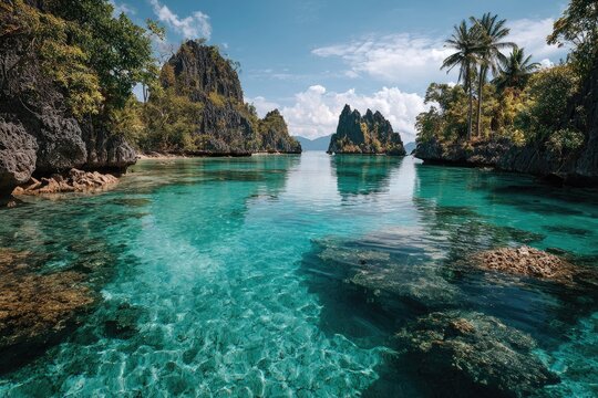 Beautiful tropical lagoon with clear turquoise water and towering limestone karsts