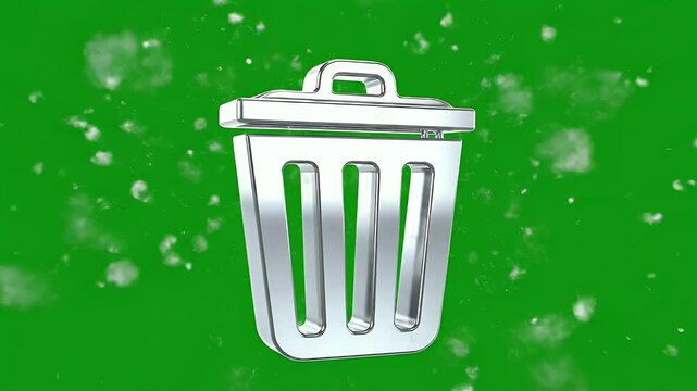 Metallic trash can icon on green background with white particle effects