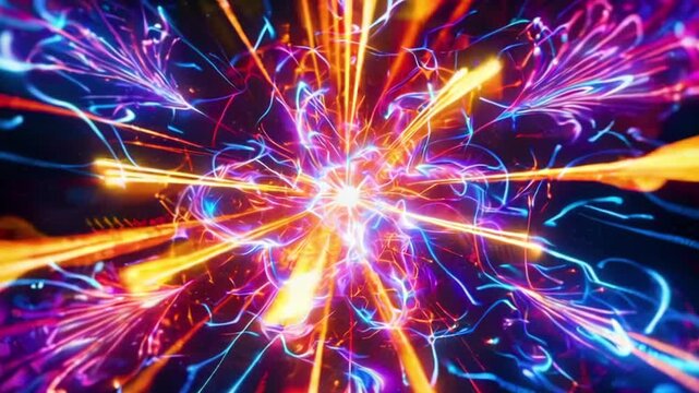 Abstract neon explosion with glowing energy beams and vibrant electric light burst in dynamic cosmic background. High quality FullHD footage