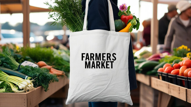 Canvas Tote Bag at Farmers Market &ndash; Sustainable Eco Friendly Shopping Concept