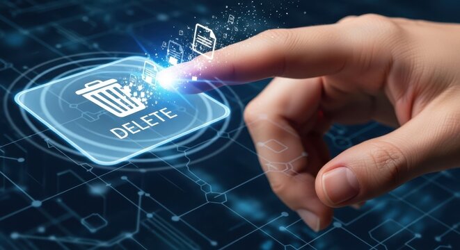 Close up of a hand pressing a virtual delete button removing a file from a system