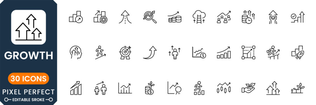 Business growth and progress icon pack featuring financial increase, success charts and development symbols clean vector set