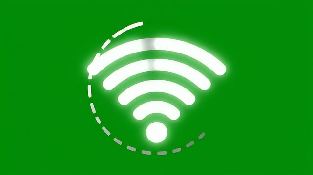 A minimalist gray wireless signal icon with a dashed circle on a bright green background