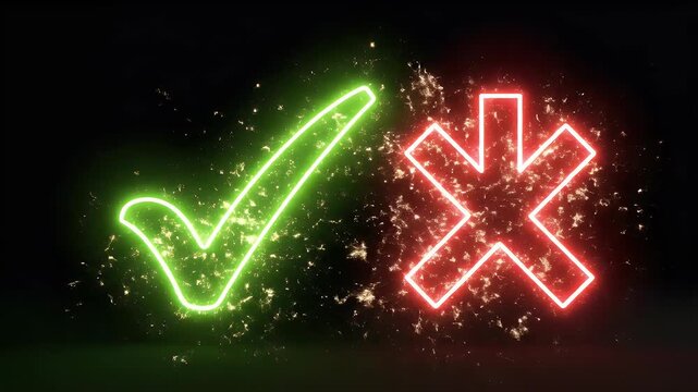 Neon green checkmark and red X symbol against a dark background