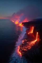 Fototapeta premium A breathtaking view of lava flowing into the ocean at twilight, illuminated by the fiery orange and red hues of the molten lava and the deep blue of the sea.