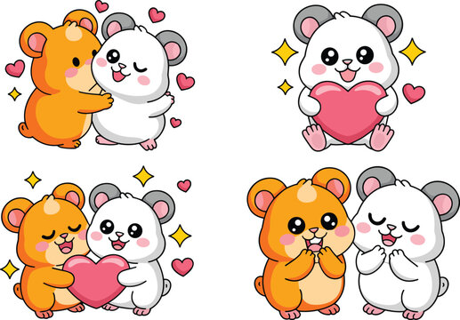 Cute cartoon hamster and panda couple holding hearts and expressing love with sparkling details in a kawaii style.