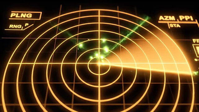 A close-up view of a glowing orange radar screen displaying concentric circles and target blips